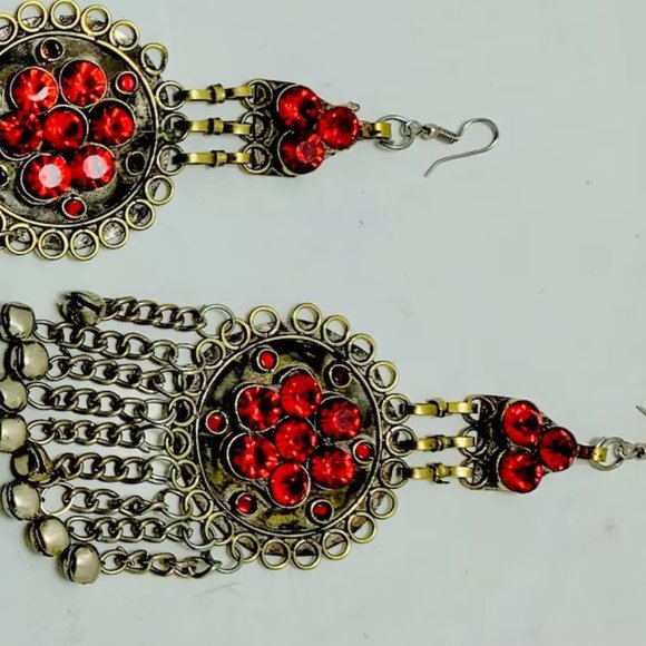 Kuchi Red Dangle Earrings, Massive Ethnic Afghan Earrings, Kuchi Tribal Jewelry - Picture 8 of 10